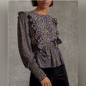 Anthropologie Bl^nk Moira Animal Print Ruffled Peplum Top